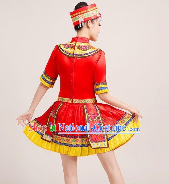 Chinese Yi Nationality Folk Dance Short Dress Yao Minority Red Outfits Yunnan Ethnic Performance Garment Clothing