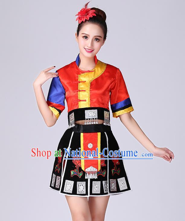 Chinese Yao Nationality Folk Dance Short Dress Minority Performance Outfits Tujia Ethnic Woman Garment Clothing