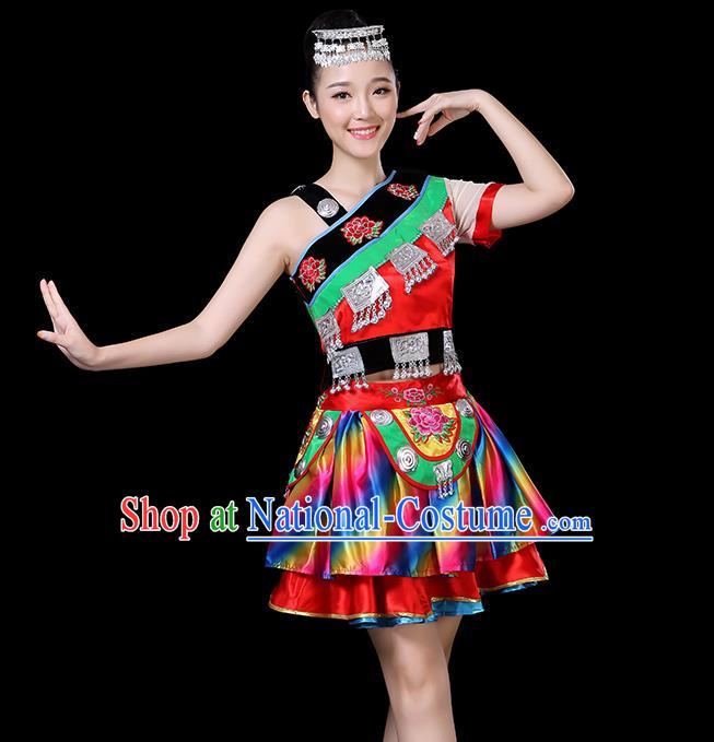 Chinese Tujia Nationality Folk Dance Short Dress Minority Performance Outfits Clothing Dong Ethnic Garment