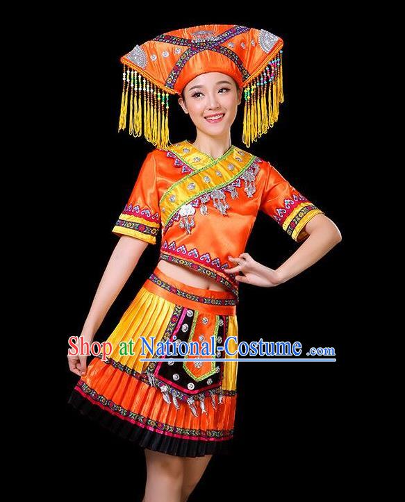 Chinese Guangxi Ethnic Garment Zhuang Nationality Folk Dance Short Dress Minority Performance Orange Outfits Clothing