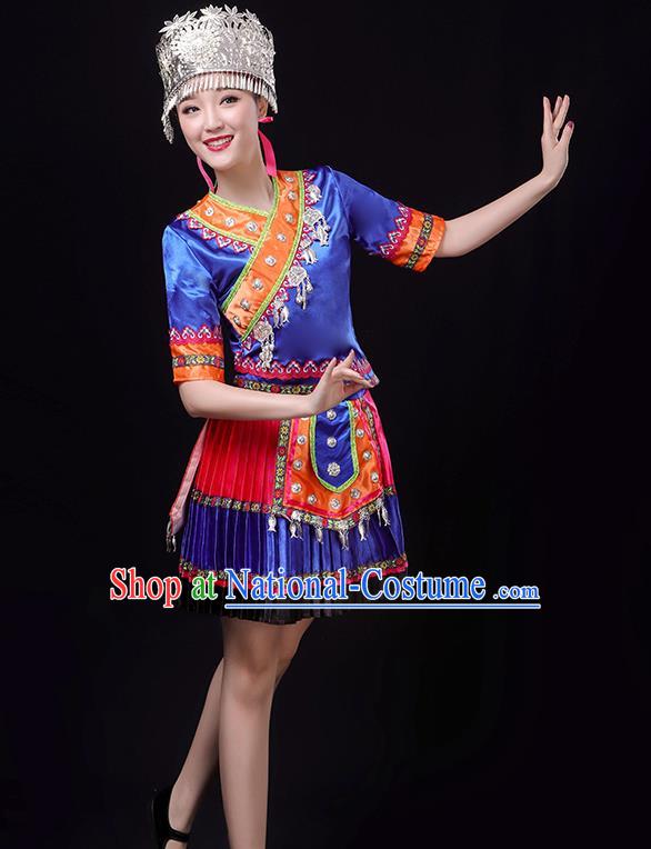 Chinese Hmong Minority Performance Royalblue Outfits Clothing Xiangxi Ethnic Garment Miao Nationality Folk Dance Short Dress