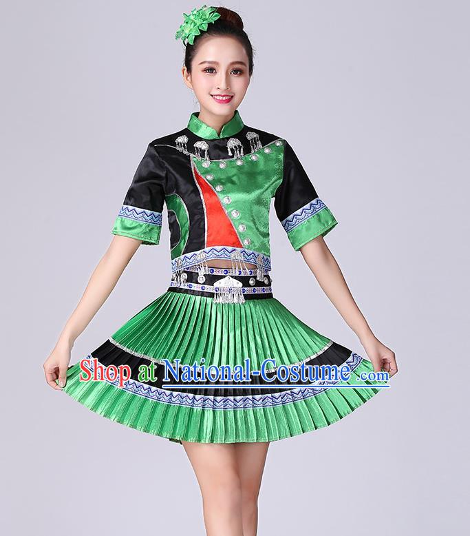 Chinese Yi Nationality Folk Dance Short Dress Minority Performance Green Outfits Clothing Tujia Ethnic Garment