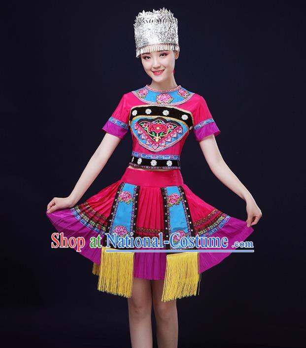 Chinese Yi Minority Performance Rosy Outfits Clothing Miao Ethnic Garment Hmong Nationality Folk Dance Short Dress