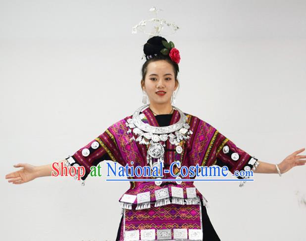 Chinese Yi Minority Purple Outfits Ethnic Folk Dance Garment Xiangxi Nationality Performance Dress Clothing