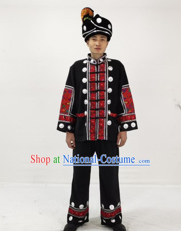 China Hmong Ethnic Folk Dance Black Clothing Traditional Miao Nationality Performance Garment Costumes and Hat