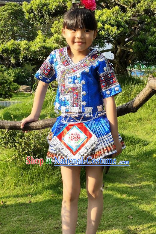 Chinese Xiangxi Ethnic Garment Costumes Traditional Miao Nationality Girls Blue Outfits Clothing