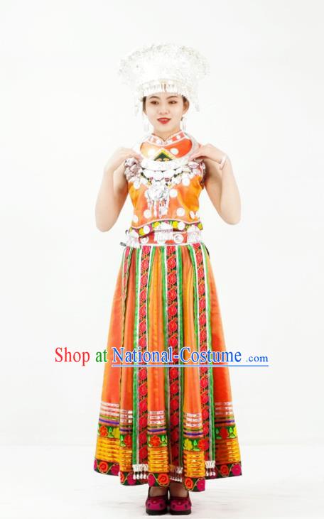 Chinese Miao Nationality Performance Yellow Dress Clothing Hmong Minority Black Outfits Xiangxi Ethnic Folk Dance Garment and Headdress