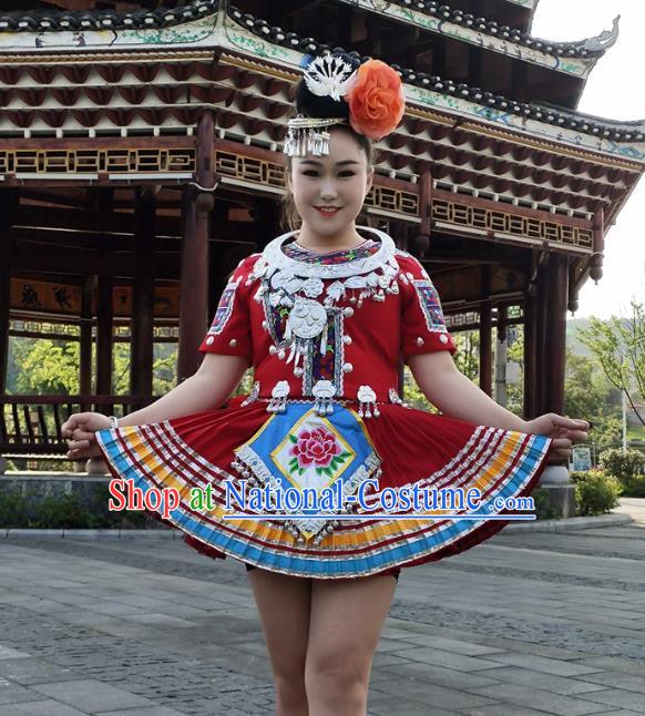 Chinese Miao Minority Red Outfits Ethnic Folk Dance Garment Guizhou Nationality Performance Short Dress Clothing