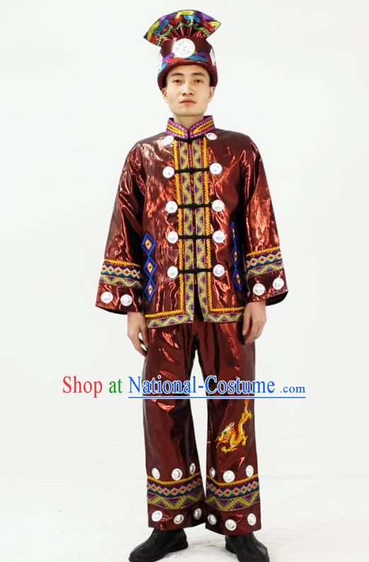 China Traditional Dong Nationality Performance Garment Costumes Xiangxi Folk Dance Brown Clothing and Headwear