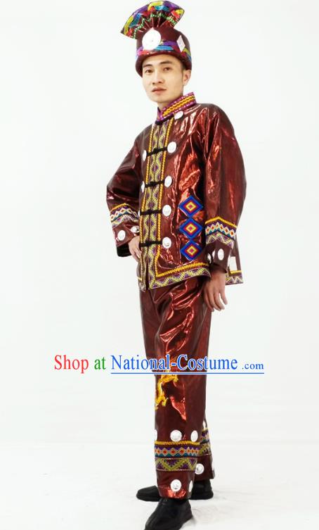 China Traditional Dong Nationality Performance Garment Costumes Xiangxi Folk Dance Brown Clothing and Headwear