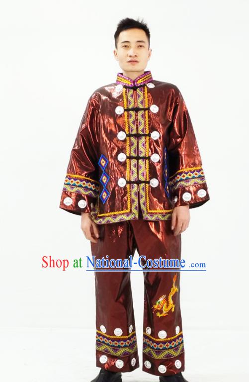 China Traditional Dong Nationality Performance Garment Costumes Xiangxi Folk Dance Brown Clothing and Headwear