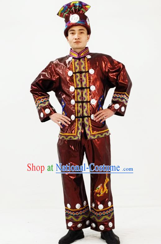 China Traditional Dong Nationality Performance Garment Costumes Xiangxi Folk Dance Brown Clothing and Headwear