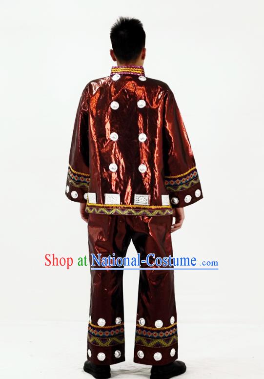 China Traditional Dong Nationality Performance Garment Costumes Xiangxi Folk Dance Brown Clothing and Headwear