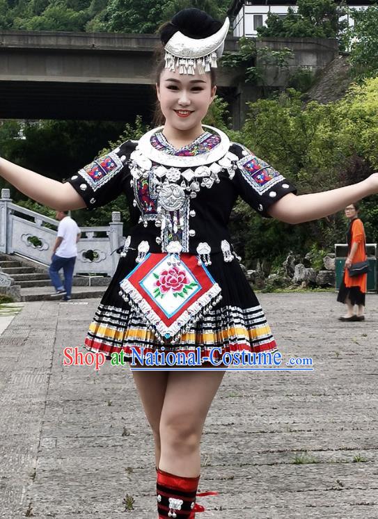 Chinese Guizhou Nationality Performance Short Dress Clothing Miao Minority Black Outfits Ethnic Folk Dance Garment