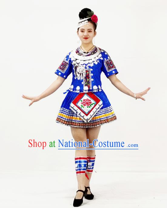 Chinese Hmong Minority Ethnic Folk Dance Royalblue Short Dress Outfits Miao Nationality Performance Garment Clothing and Headdress