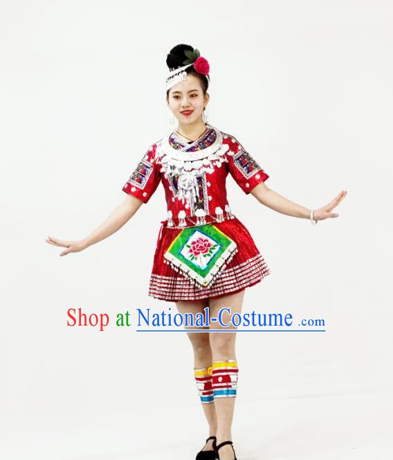 Chinese Miao Nationality Folk Dance Garment Clothing Hmong Minority Ethnic Red Short Dress Outfits and Headpieces