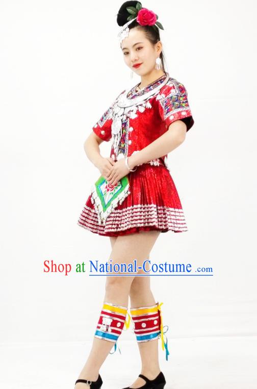 Chinese Miao Nationality Folk Dance Garment Clothing Hmong Minority Ethnic Red Short Dress Outfits and Headpieces