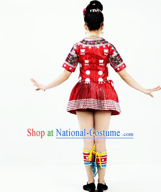 Chinese Miao Nationality Folk Dance Garment Clothing Hmong Minority Ethnic Red Short Dress Outfits and Headpieces