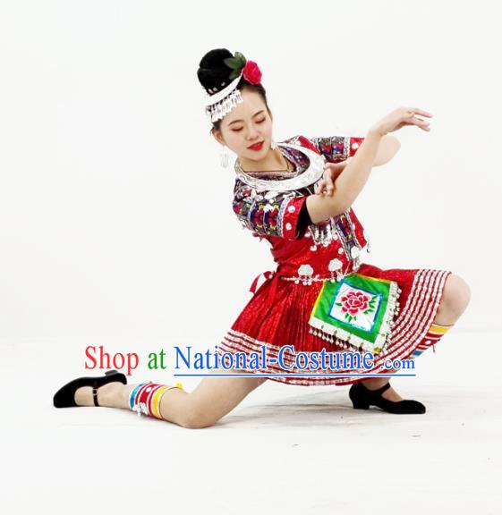 Chinese Miao Nationality Folk Dance Garment Clothing Hmong Minority Ethnic Red Short Dress Outfits and Headpieces