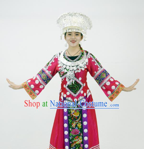 Chinese Hmong Minority Ethnic Rosy Dress Outfits Miao Nationality Folk Dance Garment Clothing and Headwear