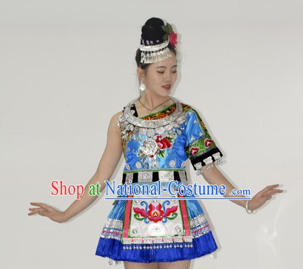 Chinese Yi Nationality Stage Performance Garment Clothing Tujia Minority Ethnic Blue Short Dress Outfits and Hair Jewelry