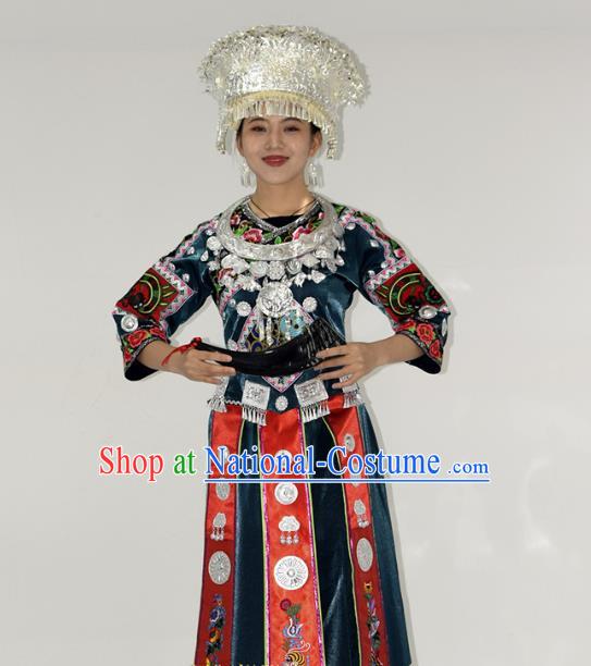 Chinese Miao Nationality Stage Performance Garment Clothing Hmong Minority Ethnic Peacock Blue Dress Outfits and Silver Hat