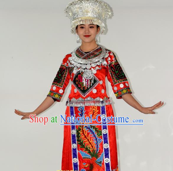 Chinese Hmong Minority Ethnic Bride Red Dress Outfits Miao Nationality Wedding Garment Clothing and Headdress