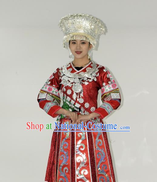 Chinese Miao Minority Ethnic Wedding Red Dress Outfits Hmong Nationality Dance Performance Garment Clothing and Silver Headwear