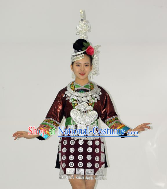 Chinese Dong Minority Ethnic Folk Dance Short Dress Outfits Tujia Nationality Performance Garment Clothing and Hair Accessories