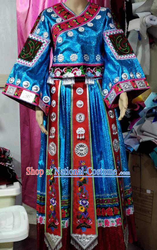 Chinese Xiangxi Minority Performance Outfits Hmong Ethnic Folk Dance Garment Miao Nationality Blue Dress Clothing