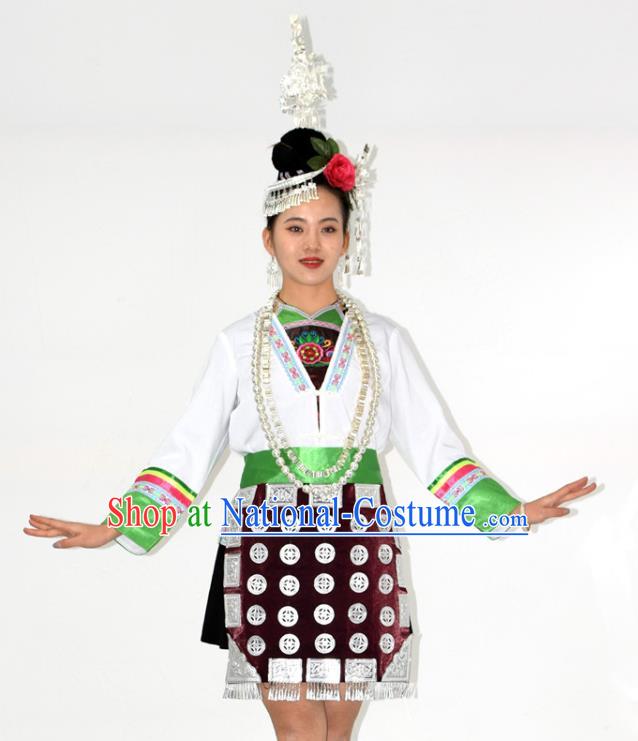 Chinese Tujia Nationality Performance Garment Clothing Dong Minority Ethnic Folk Dance Short Dress Outfits and Headdress