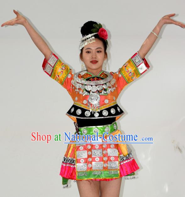 Chinese Yi Minority Dance Short Dress Outfits Ethnic Garment Miao Nationality Stage Performance Clothing and Headpieces