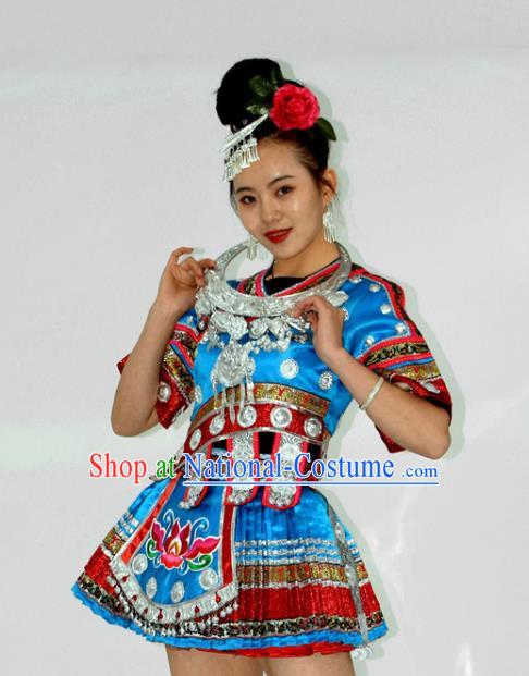 Chinese Ethnic Garment Miao Nationality Stage Performance Clothing Yi Minority Dance Blue Short Dress Outfits and Headwear