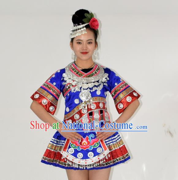 Chinese Miao Nationality Stage Performance Clothing Yi Minority Dance Royalblue Short Dress Outfits Ethnic Garment and Hair Accessories