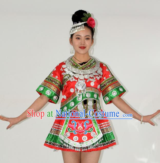 Chinese Yi Minority Dance Red Short Dress Outfits Ethnic Garment Miao Nationality Stage Performance Clothing and Headdress