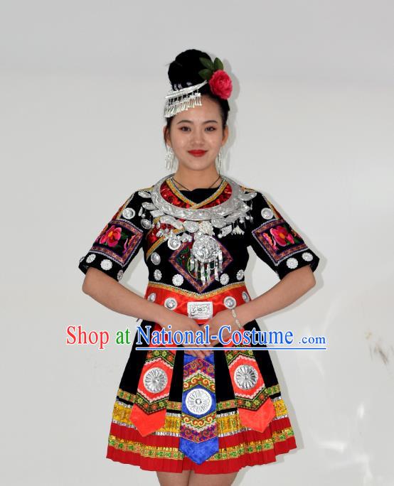 Chinese Ethnic Woman Garment Outfits Miao Nationality Folk Dance Clothing Yi Minority Performance Black Short Dress and Hair Jewelry