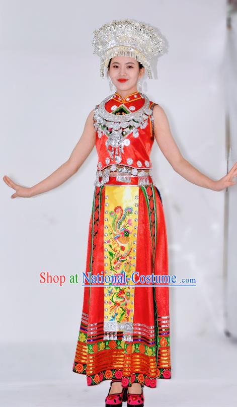 Chinese Ethnic Folk Dance Garment Outfits Miao Nationality Red Clothing Hmong Minority Performance Dress and Headwear