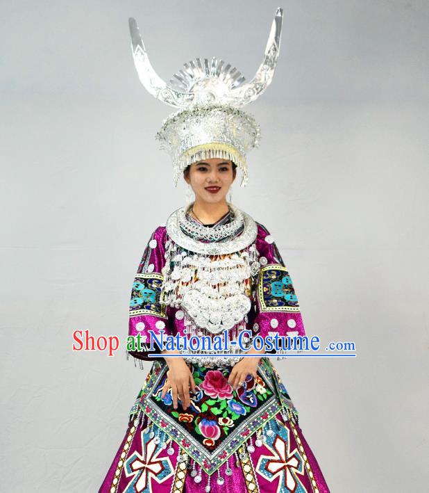 Chinese Hmong Minority Bride Purple Dress Ethnic Folk Dance Garment Outfits Miao Nationality Wedding Clothing and Silver Headdress