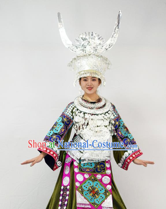 Chinese Ethnic Folk Dance Garment Outfits Miao Nationality Festival Clothing Hmong Minority Performance Green Dress and Silver Hat