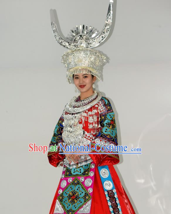 Chinese Ethnic Wedding Garment Outfits Miao Nationality Festival Clothing Hmong Minority Bride Red Dress and Silver Headdress