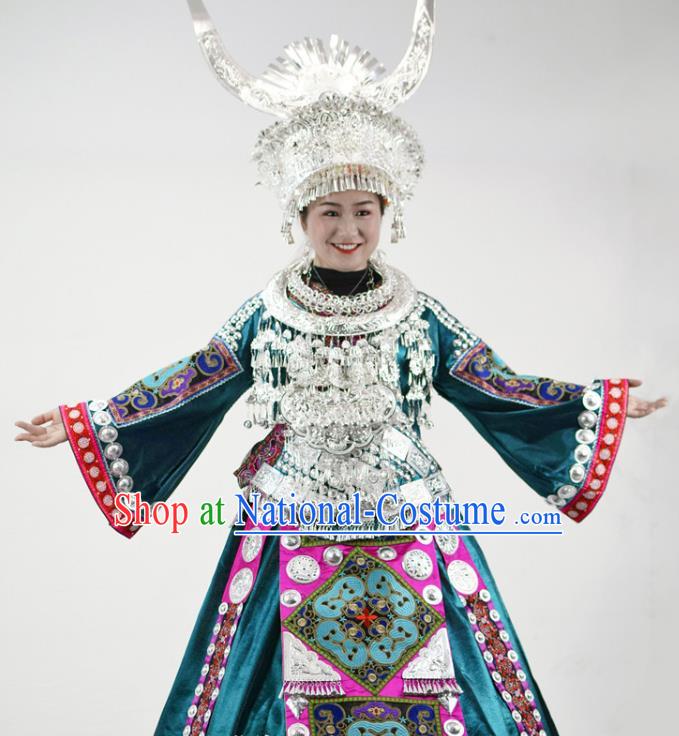 Chinese Miao Nationality Festival Clothing Hmong Minority Performance Blue Dress Ethnic Dance Garment Outfits and Silver Hat