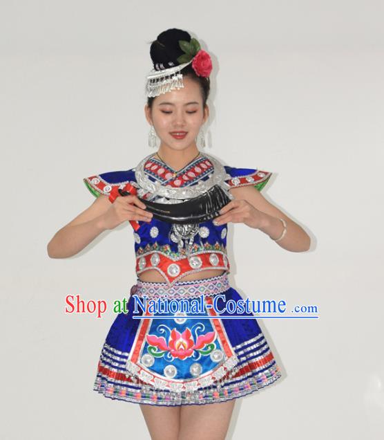 Chinese Ethnic Garment Dong Nationality Stage Performance Clothing Miao Minority Dance Royalblue Short Dress Outfits and Headpieces