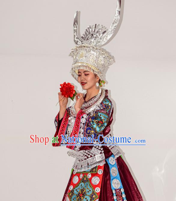 Chinese Ethnic Folk Dance Garment Outfits Miao Nationality Festival Clothing Hmong Minority Wine Red Dress and Silver Hat