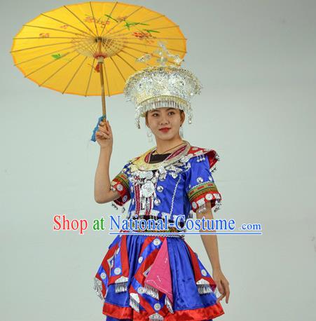 Chinese Ethnic Festival Garment Outfits Miao Nationality Clothing Hmong Minority Folk Dance Royalblue Dress and Headdress