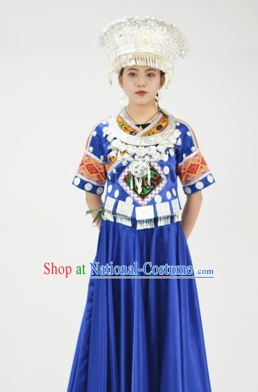 Chinese Hmong Minority Folk Dance Royalblue Dress Ethnic Festival Garment Outfits Miao Nationality Clothing and Headwear