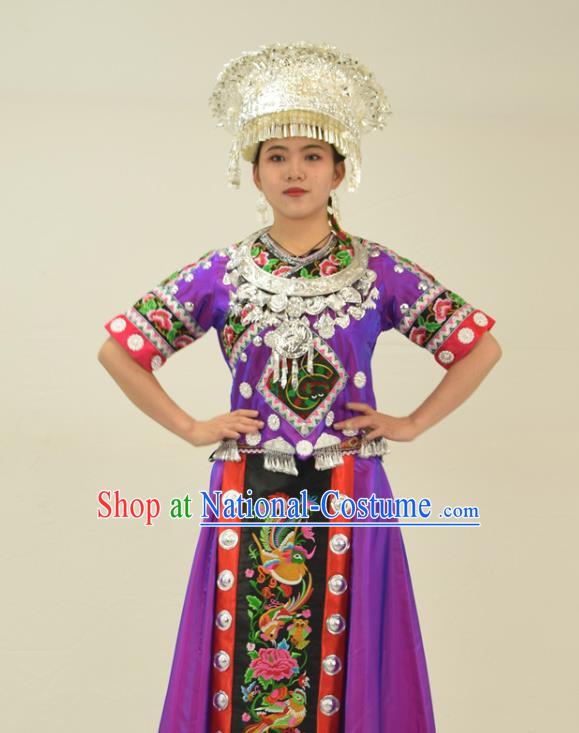 Chinese Miao Nationality Clothing Hmong Minority Folk Dance Purple Dress Ethnic Festival Garment Outfits and Headwear