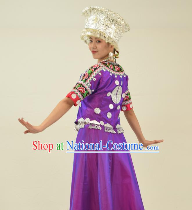 Chinese Miao Nationality Clothing Hmong Minority Folk Dance Purple Dress Ethnic Festival Garment Outfits and Headwear