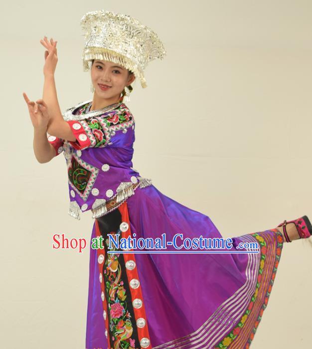 Chinese Miao Nationality Clothing Hmong Minority Folk Dance Purple Dress Ethnic Festival Garment Outfits and Headwear