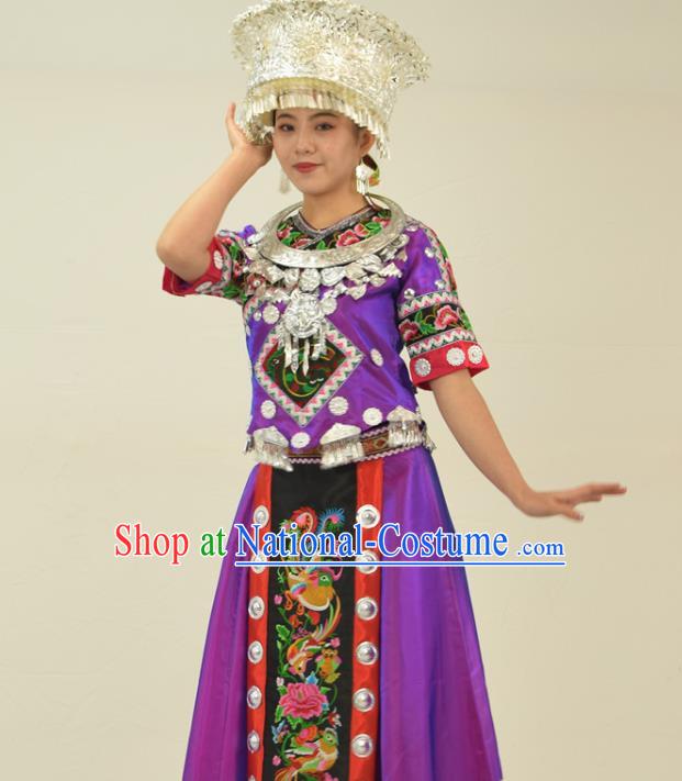 Chinese Miao Nationality Clothing Hmong Minority Folk Dance Purple Dress Ethnic Festival Garment Outfits and Headwear