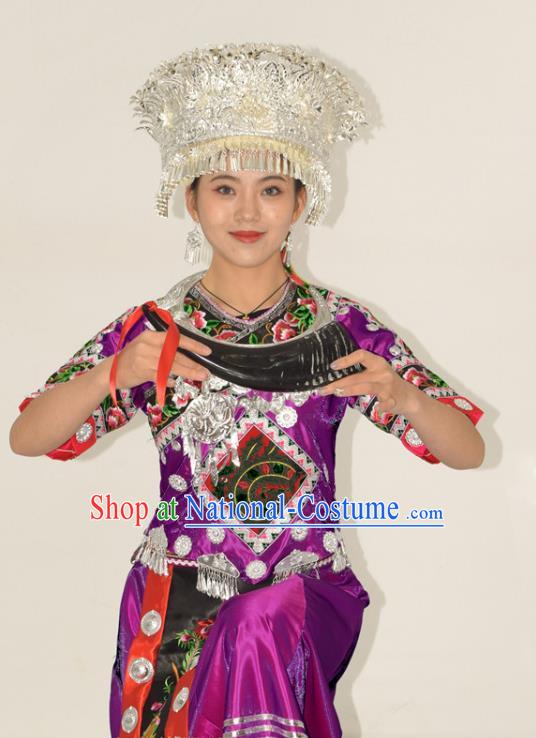 Chinese Miao Nationality Clothing Hmong Minority Folk Dance Purple Dress Ethnic Festival Garment Outfits and Headwear